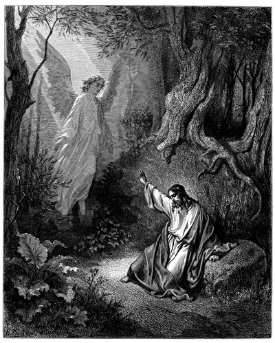 オリーブ山でのイエス：彼に勇気を与えるために天使が現れる。 作： Gustave Dore
