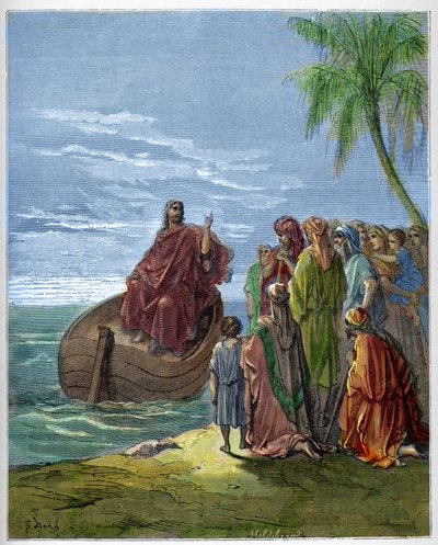 ゲネザレス湖（Genesareth, Ginosar or Kinneret）（Tiberiad湖）（ガリラヤ海）で説教するイエス - - Gustave Dore（1832-1883）の "The Bible illustree "のエングレーヴィング - "The Dore Bible "のエングレーヴィング 作： Gustave Dore