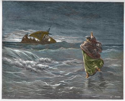 ティベリアード湖の水の上を歩くイエス - 海（水）の上を歩くイエス - ギュスターヴ・ドーア（1832-1883）の "The Bible illustree "のエングレーヴィング - "The Dore Bible "のエングレーヴィング 作： Gustave Dore