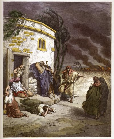 自分の破滅を聞くヨブ - Job learant sa ruine - - Gustave Dore (1832-1883) の "The Bible illustree" のエングレーヴィング - "The Dore Bible" のエングレーヴィング 作： Gustave Dore