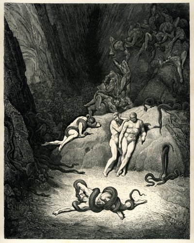 ダンテ・アリギエーリ著、ギュスターヴ・ドーレ挿画『地獄』（La divina commedia）。アシェット版1861年。ピエール＝アンジェロ・フィオレンティーノによるフランス語訳。"他の二人も、そして彼女も......グリダーヴァ：私よ、アネル、来てください！(他の二人は彼を見て 作： Gustave Dore
