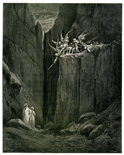 ダンテ・アリギエーリ著、ギュスターヴ・ドーレ挿画『地獄』（神曲）。アシェット版1861年。Pier-Angelo Fiorentinoによるフランス語訳。Dante et Virgile face aux Demons: Appena furo i pie suoi giunti al letto - Del fondo giu, ch