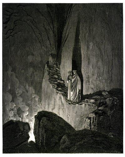 ダンテ・アリギエーリ著、ギュスターヴ・ドーレ挿画『地獄』（神曲）。アシェット版1861年。ピエール＝アンジェロ・フィオレンティーノによるフランス語訳。ドーズ：「火の中には霊魂がいる。 作： Gustave Dore