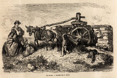 1862年、C.ダヴィリエとのスペイン旅行を描くためにギュスターヴ・ドーア（1832-1883）が描いたもので、水流のエネルギーを利用して水位を上昇させる水力機械「ラ・ノリア」。エドゥアール・シャルト編「世界一周」に掲載されている図版 作： Gustave Dore