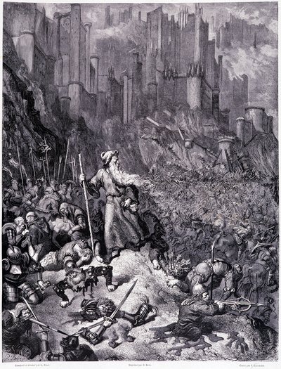 Les battailles, plate IX - Gustave Dore (1832-1883) による、Pierre Dupont作の「La legende du Jeif wandering」の挿絵、Librairie du magasin picturesque版、パリ1862年。 作： Gustave Dore