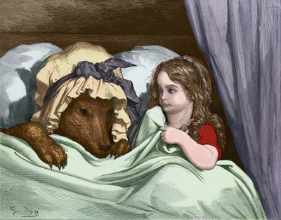 リトルレッドライディングフード、ギュスターヴ・ドレによる彫刻。 作： Gustave Dore