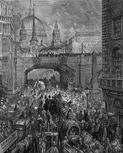 ラドゲート・ヒル」：ギュスターヴ・ドーレとブランシャール・ジェロルド・ロンドンより：ロンドン巡礼1872年。交通渋滞の光景、鉄道高架橋（中央）、セント・ポールのドーム。木版画 作： Gustave Dore