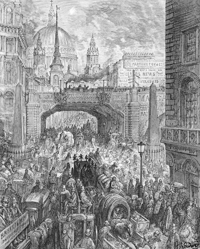 ウィリアムブランチャードジェロルド（1826-94）パブによって書かれた「ロンドン、巡礼」からのラドゲートヒル。 1872（彫刻） 作： Gustave Dore
