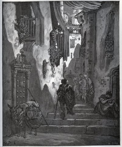 ルシンデがカルデニオにチケットを送る - ミゲル・セルバンテス（1547-1616）の「ドン・キホーテ・デ・ラ・マンチャ」（『ドン・キホーテ』）より - グスタフ・ドーアの絵をもとにした木版画 作： Gustave Dore