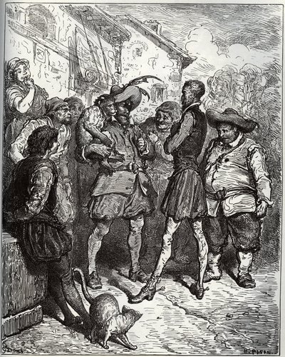 Maese Pedro and the fortune-telling apeak - from "Don Quixote de la Mancha" by Miguel Cervantes (1547-1616) (Don Quixote) - Gustave Doreのドローイングに基づく木版画。 作： Gustave Dore