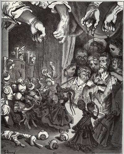 Maese Pedroの人形劇 - Miguel Cervantes (1547-1616)の「Don Quixote de la Mancha」より (Don Quixote) - Gustave Doreのドローイングに基づく木版画 作： Gustave Dore