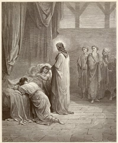 ミラクル。イエス・キリストは、ヤイロ（ヤイロス）の娘を癒した。ギュスターヴ・ドーア（1832-1883）が描いた聖書の図版 作： Gustave Dore