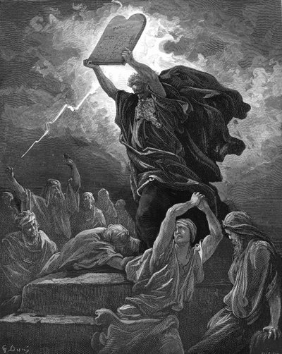 モーセが律法の石板を割る様子を彫刻したもの。- 聖書 作： Gustave Dore