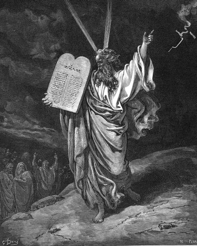 十戒の律法の板を持ってシナイ山から降りるモーセ、1866年 作： Gustave Dore