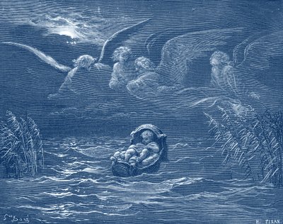 ナイル川でのモーゼ、ドレの彫刻 - 聖書 作： Gustave Dore