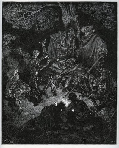 ドン・キホーテがヤギとサンチョ・パンサに世界の話をする夜の光 - Miguel Cervantes (1547-1616) の「Don Quixote de la Mancha」（ドン・キホーテ）より - Gustave Doreの絵の後に木版で描かれたもの。 作： Gustave Dore