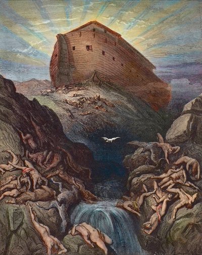 ノエが地上に鳩を送る - ノアが箱舟から鳩を送り出す、ギュスターヴ・ドーア（1832-1883）のエングレーヴィング 作： Gustave Dore