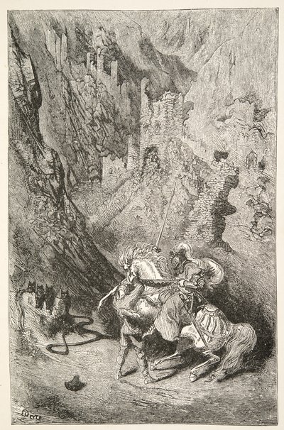 緑のチャペルへの道、チャールズヘンリーハンソン著アーサー王の日の物語から、pub.1898 作： Gustave Dore