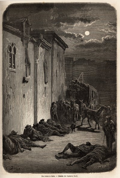 ハエンのリレーでの一夜。Gustave Dore (1832-1883)が1862年にCh.Davillierと行ったスペイン旅行を説明するために描いたもの。エドゥアール・シャルトン編『世界一周』に掲載されている図版 作： Gustave Dore