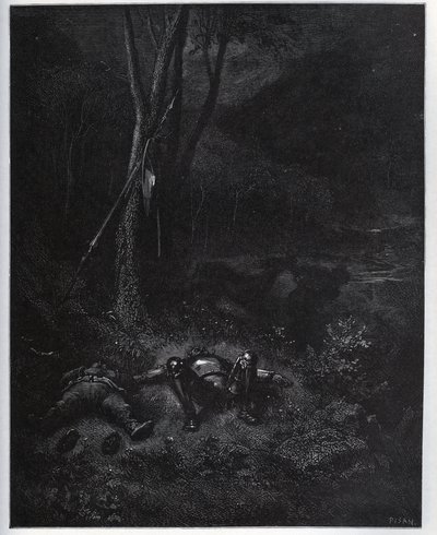 逃亡者の一人であるジネス・ド・パッサモンは、二人の旅人が眠っている間にサンチョ・パンサからロバを盗む-ミゲル・セルバンテス(1547-1616)の「ドン・キホーテ・デ・ラ・マンチャ」(ドン・キホーテ)より-ギュスターヴ・ドーアのデッサンに基づく木版画 作： Gustave Dore