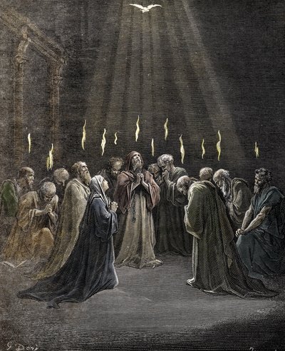 Helluntai, Pyhän Hengen laskeutuminen apostoleille ja muille Jeesuksen Kristuksen seuraajille Gustave Doren (1832-1883) kaiverrus "" La Bible" -yksityiskokoelmasta 作： Gustave Dore