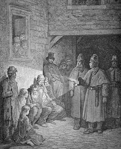 ロンドンのルーカリーでパトロール中の警察官、ステファン・パンネメーカー（1847-1930）の彫刻作品 作： Gustave Dore