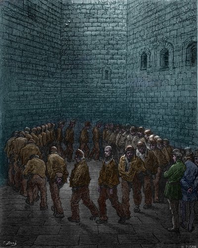ギュスターヴ・ドレ画、ロンドンのウェストゲート刑務所の庭で見回りをする囚人たち 作： Gustave Dore