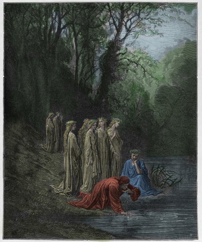 プルガトリオ、カント33：ユーノエ川のダンテドリンク、ダンテアリギエーリ作「The Divine Comedy」（1885年）のイラスト 作： Gustave Dore