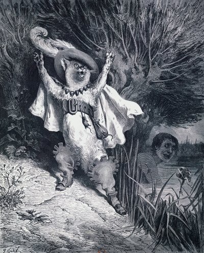 シャルル・ペロー（1628-1703）の童話にギュスターヴ・ドーア（1832-1883）が描いた「長靴をはいた猫」。 作： Gustave Dore