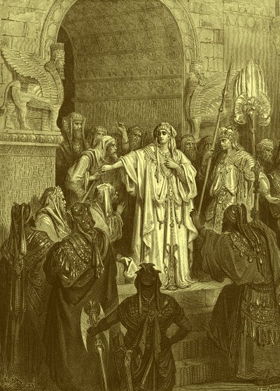 女王ヴァシュティ、ドレの彫刻。- 聖書 作： Gustave Dore