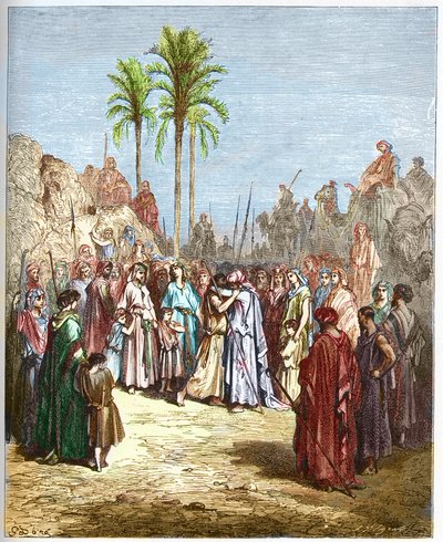 ヤコブとエサウの和解 - ヤコブとエサウの和解 Genese, XXXIII, 4 - - Gustave Dore (1832-1883) の "The Bible illustree" からのエングレーヴィング - "The Dore Bible" からのエングレーヴィング 作： Gustave Dore