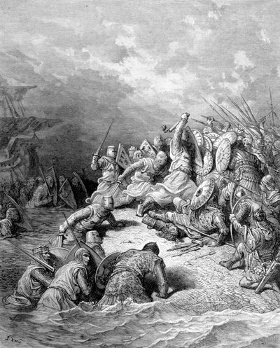リシャール・ライオン・ハートがジョッペの街をお届け -ギュスターヴ・ドレのエングレーヴィング 作： Gustave Dore