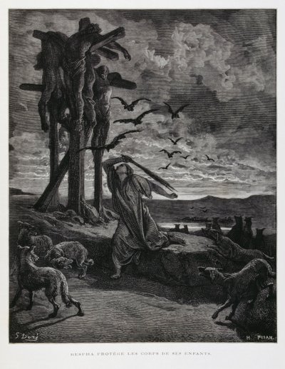 リズパは死んだ息子たちの遺体を野獣が冒涜するのを防いでいる。 作： Gustave Dore