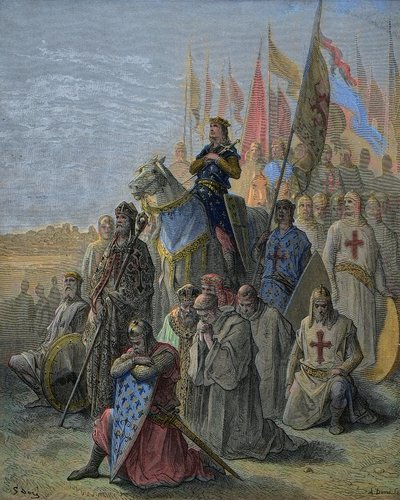 サン・ルイ、ダミエッタ前に到着 - 6月6日、十字軍によるエジプトの街の攻略 作： Gustave Dore