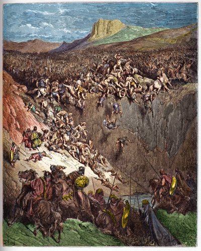 サムソンが尻の顎の骨でペリシテ人を滅ぼす - サムソンがロバの顎でペリシテ人を滅ぼす - - Gustave Dore (1832-1883) の "The Bible illustree" のエングレーヴィング - "The Dore Bible" のエングレーヴィング 作： Gustave Dore