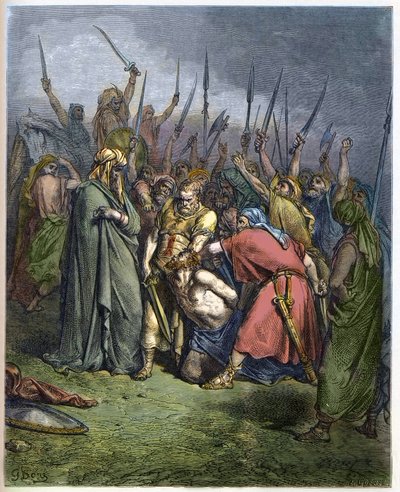 サムエルがアガグを殺す - 預言者サムエルによるアマレク人の王アガグの断頭台 - Gustave Dore (1832-1883) による "The Bible illustree" のエングレーヴィング - "The Dore Bible" のエングレーヴィング 作： Gustave Dore