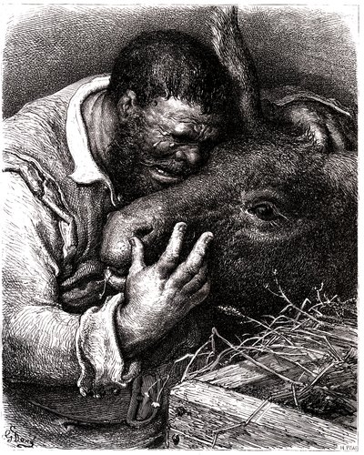 ロバにキスしながら泣くサンチョ・パンサ 作： Gustave Dore