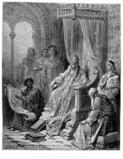 サヌートが教皇ヨハネ22世にオリエントの地図を献上 -ギュスターヴ・ドレの版画 作： Gustave Dore