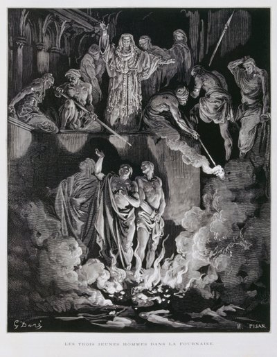 火の燃える炉の中のシャドラハ、メシャク、アベデネゴ、ドーレ聖書からの挿絵 作： Gustave Dore