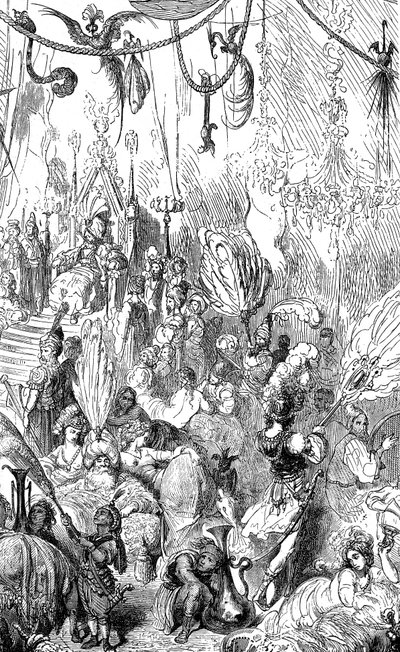 船乗りシンドバッド（シンドバッド）-千夜一夜物語-ギュスターヴ・ドーレによる挿絵-1865年マックスウェル版-6回目の航海-この版画はセレンディブ王の宮廷、あるいはカリフ・ハールン・アル・ラシード（ハルン・アル・ラシード）の宮廷を表すことができる。 作： Gustave Dore