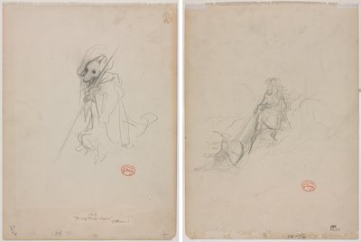 「オオカミになった羊飼い」のスケッチ (右) 狩猟シーンのスケッチ (裏面) 作： Gustave Dore