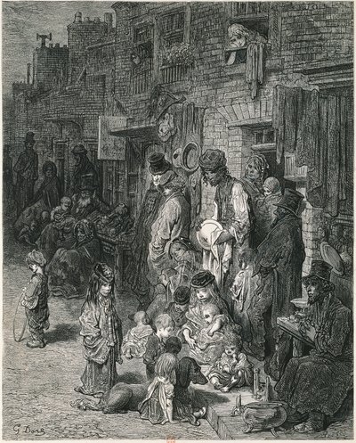 グスタフ・ドーアの「ロンドンのスラム」、エングレーヴィング 作： Gustave Dore