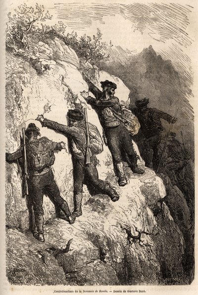 ロンダのセラニアからの密入国者。Gustave Dore (1832-1883)が1862年にCh.Davillierと行ったスペイン旅行を説明するために描いたもの。エドゥアール・シャルトン編集の「世界旅行」に掲載されている図版。 作： Gustave Dore
