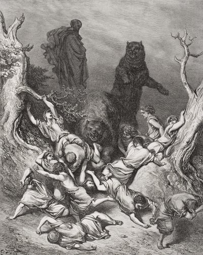 クマによって破壊された子供たち、1866年、ドールの「聖書」のイラスト 作： Gustave Dore