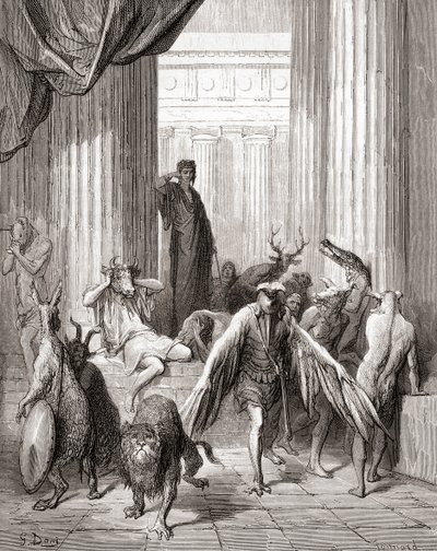 19世紀後半に出版された『フォンテーヌの寓話』の「ユリシーズの仲間たち」（木版画 作： Gustave Dore