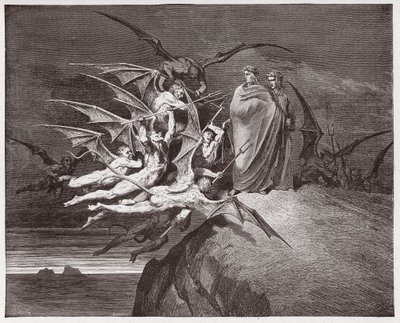 神曲』（La Divina Commedia, La Divine Comedie）『インフェルノ』第21カンスト：悪魔がヴァージルを脅かす-ダンテ・アリギエリ（1265-1321）作-ギュスターヴ・ドーア（1832-1883）挿絵 作： Gustave Dore