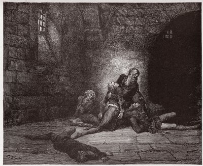 神曲』（La Divina Commedia, La Divine Comedie）の『インフェルノ』第33番。ガドは父の目の前で死ぬ - ダンテ・アリギエリ（1265-1321）作 - グスタフ・ドーレ（1832-1883）絵 作： Gustave Dore