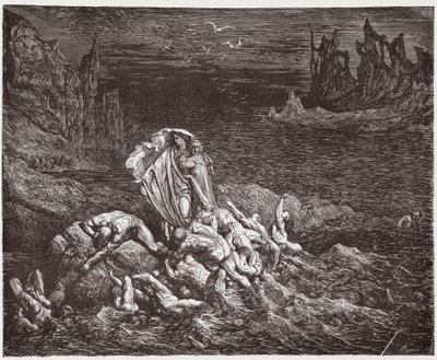 神曲』（La Divina Commedia, La Divine Comedie）『インフェルノ』第7番：ヴァージルがダンテに三途の川の怒りの魂を見せる-ダンテ・アリギエリ（1265-1321）作-ギュスターヴ・ドーア（1832-1883）挿絵 作： Gustave Dore