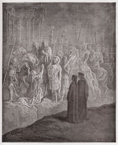 神曲』（La Divina Commedia, La Divine Comedie）、『プルガトリオ』（Purgatorio）、第10曲：誇りを描いた大理石の彫刻 - ダンテ・アリギエーリ（1265-1321）作 - ギュスターヴ・ドーア（1832-1883）画 作： Gustave Dore