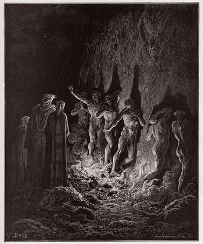 神曲』（La Divina Commedia, La Divine Comedie）、『プルガトリオ』（Purgatorio）、第25番、7つ目の円の中の火の中を欲望のままに通過する-ダンテ・アリギエリ（1265-1321）作-ギュスターヴ・ドーア（1832-1883）挿絵 作： Gustave Dore